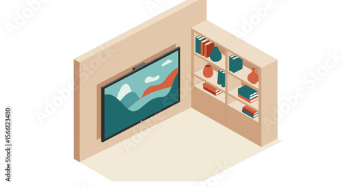 Modern living room interior vector illustration with tv and bookshelves - isometric design for home decor concepts