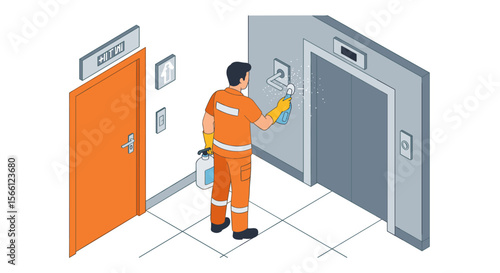 Janitor sanitizing elevator in hospital corridor vector illustration - cleaning and hygiene concept for safety design
