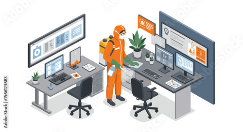 Isometric office sanitation vector illustration for health and safety design