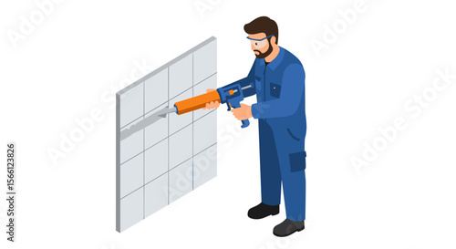 Home renovation vector illustration: handyman applying grout for tile repair in isometric style