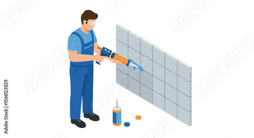 Home renovation expert in action: tile installation vector illustration for design and print in isometric style