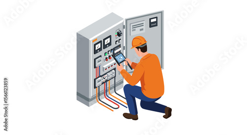 Electrician checking an electrical control panel vector illustration for maintenance and safety design
