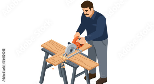 Carpenter at work vector illustration: woodworking concept for carpentry design in flat style