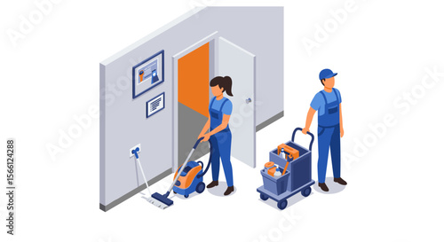 Professional cleaning team vector illustration: modern office maintenance design in isometric style