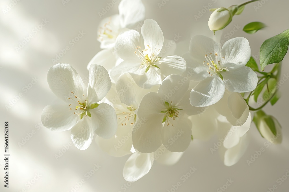 Obraz premium Delicate white flowers in soft light, symbolizing purity, elegance, simplicity, and natural beauty with a peaceful and serene atmosphere