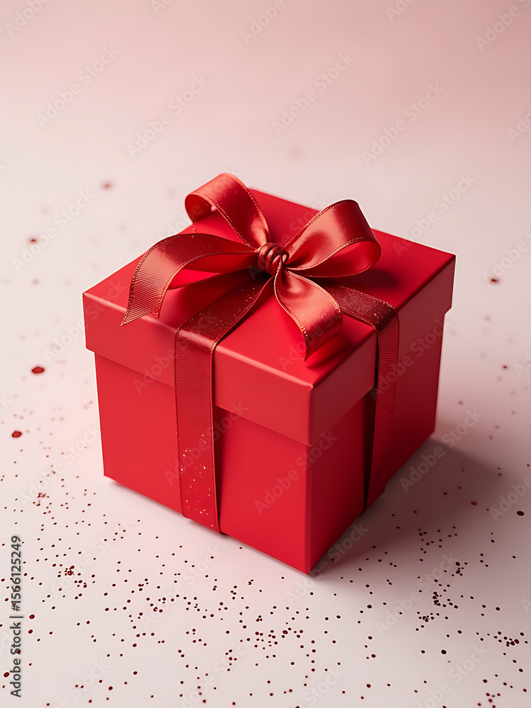 Fototapeta premium red gift box sits atop white surface fine glittering particles scattered around creating visual