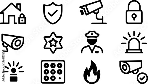 Security icons house lock shield camera police alarm fire keypad