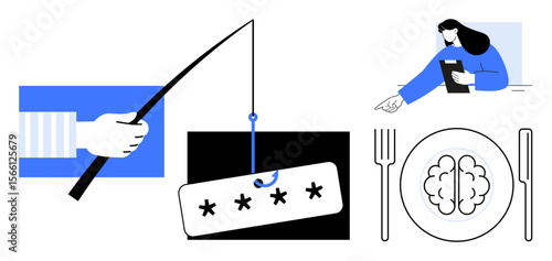 Fishing rod with password bait, woman studying digital content, and brain on a plate. Ideal for cybersecurity, phishing awareness, privacy, online learning, education, mental health simple landing