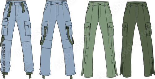  Cargo pants technical fashion flat sketch, utility trousers with straps, multiple pockets, detailed construction lines, vector illustration for menswear design flat vector illustration
