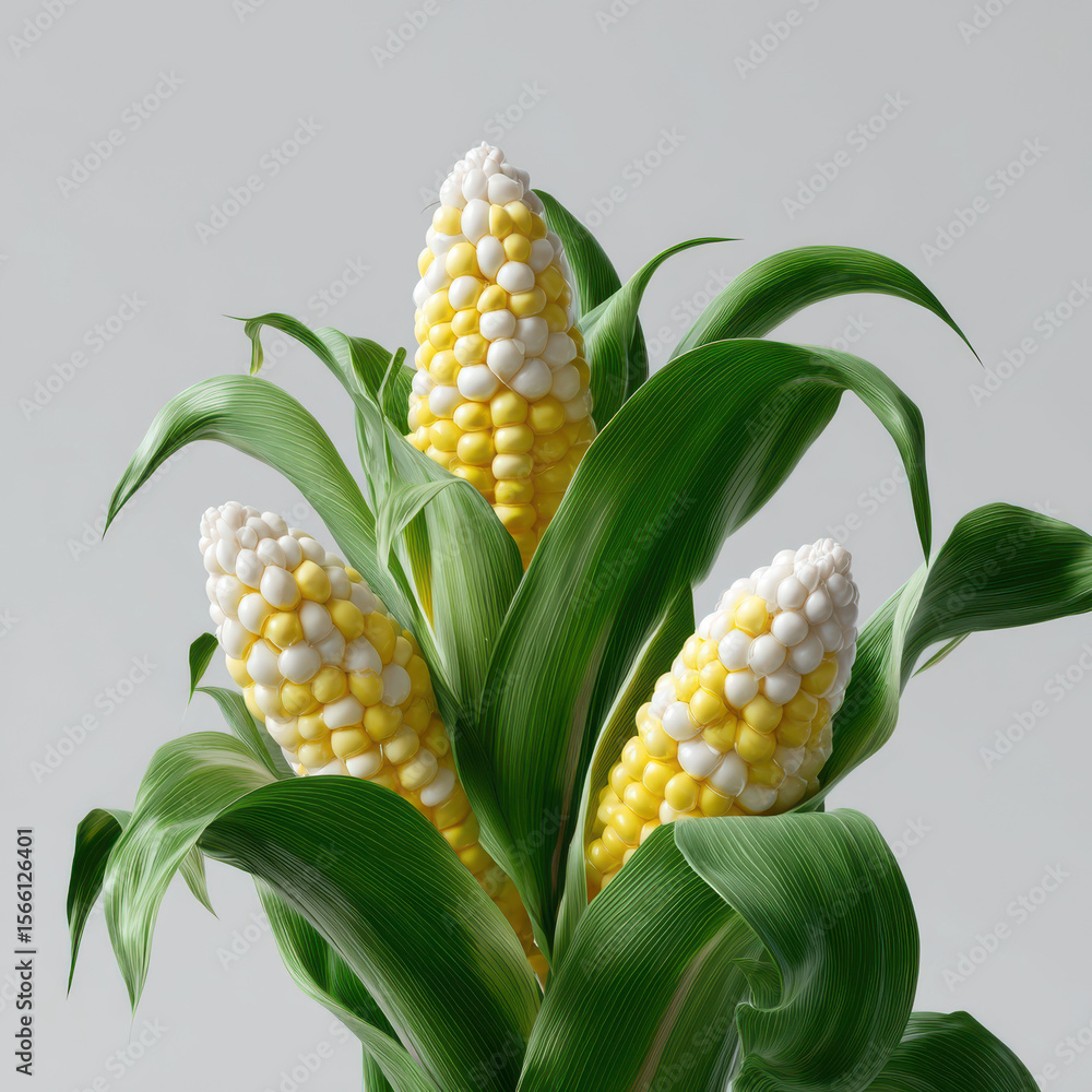 Obraz premium Three ears of bi color corn nestled among lush green leaves against a light background