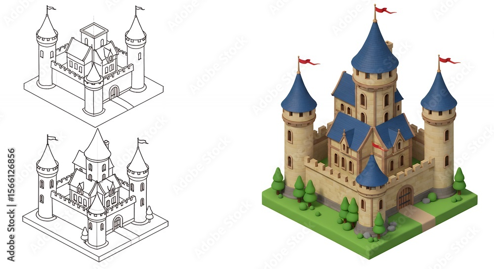 Obraz premium Isometric castle illustration with line drawing and three dimensional view