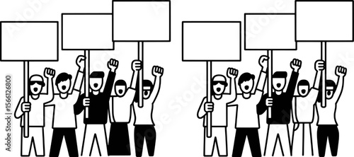 People holding protest signs with raised fists demonstration