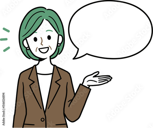 Illustration of mature woman in business attire with speech bubble for adding text and information vector illustration