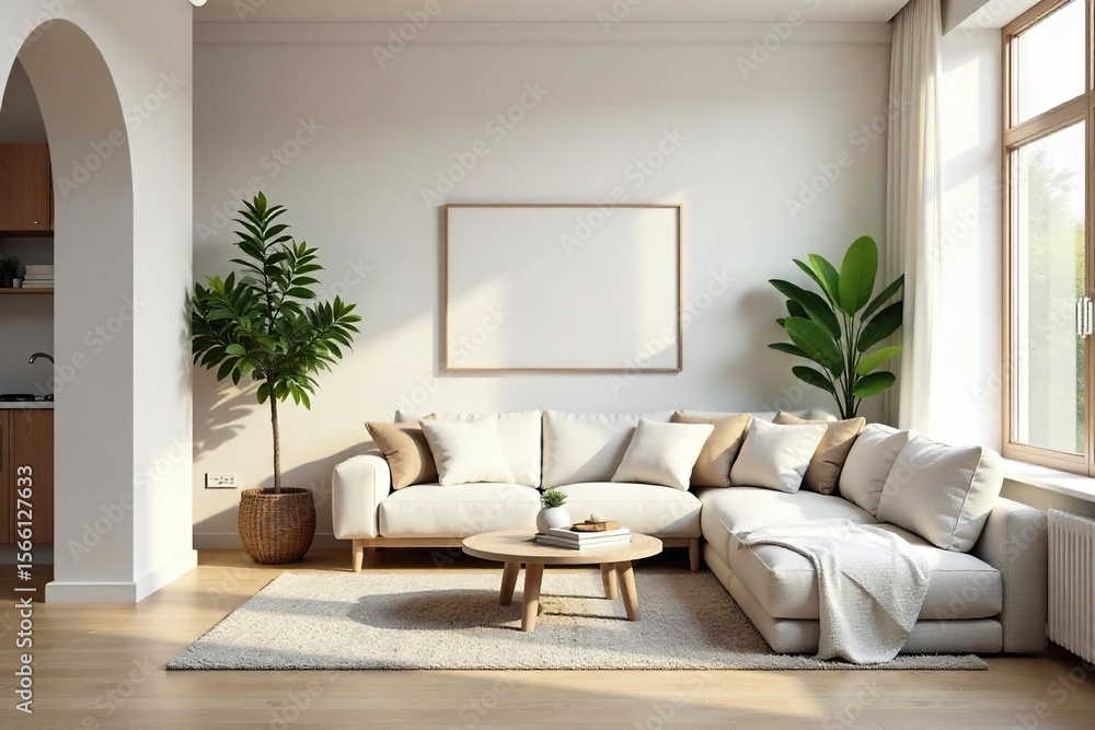 Fototapeta premium Serene minimalist living space, featuring a neutral color palette, natural light, and carefully curated essentials Simple decor highlights functionality and calm atmosphere , plants, style, modern