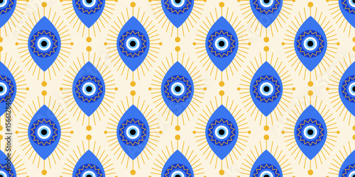 Evil eye seamless pattern. Blue mystic bead Greece print. Magic Turkish nazar background. Abstract symbol of protection luck and energy. Ethnic Arabic amulet and talisman wallpaper for spiritual