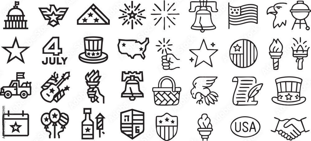Fototapeta premium Independence Day icon set with 36 black patriotic symbols for 4th of July events, flags, and celebrations