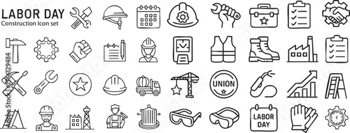 Labor Day icon set with construction worker tools and bold symbols for American celebration themes