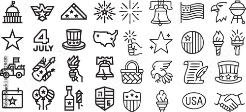 Independence Day icon set with 36 black patriotic symbols for 4th of July events, flags, and celebrations