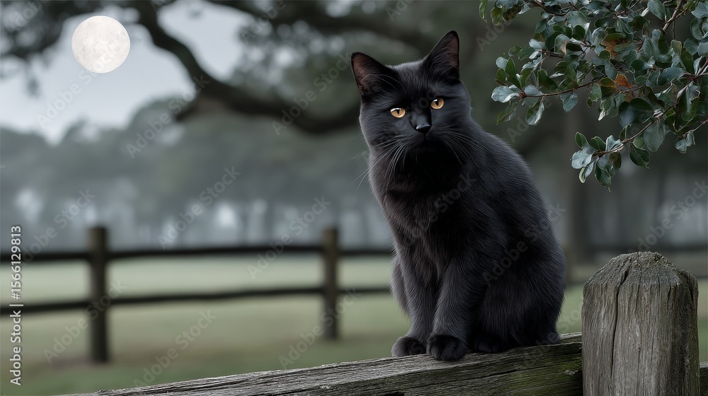 Fototapeta premium Elegant Black Cat Sitting Regally on Rustic Wooden Fence