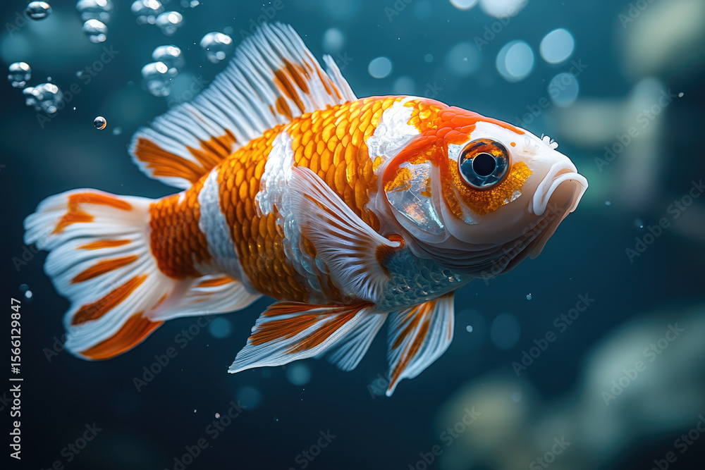 Fototapeta premium Orange and White Koi Lost in the Dark Sea