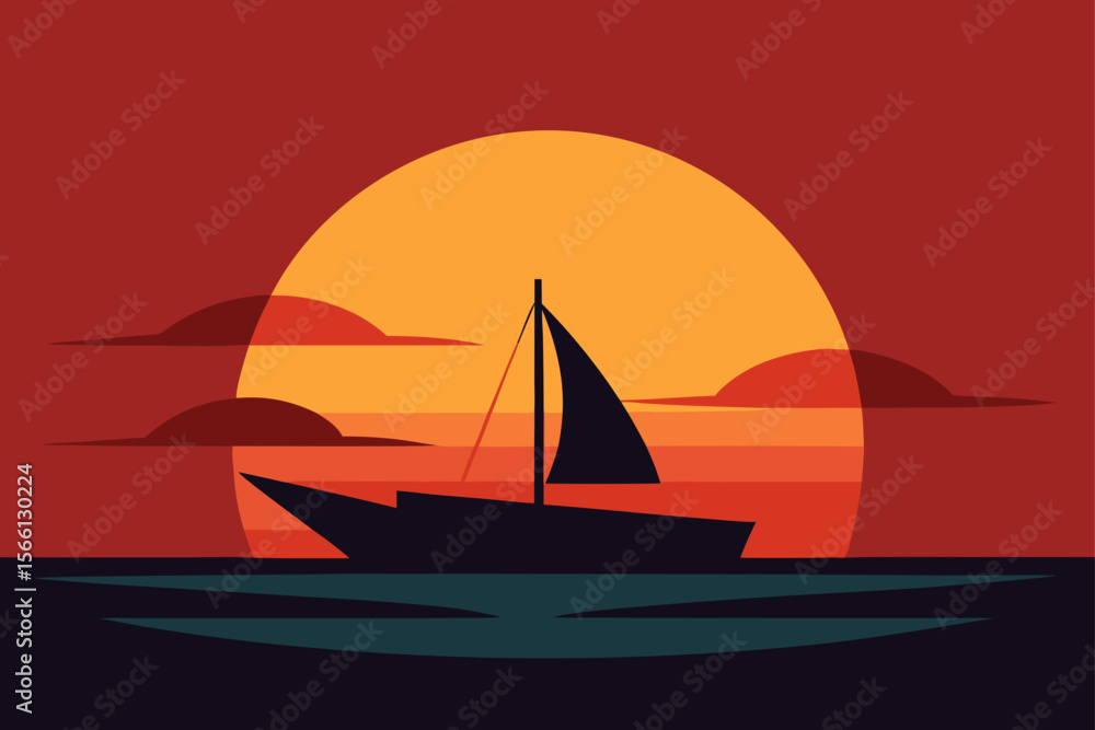 Naklejka premium boat sailing into the sunset horizon