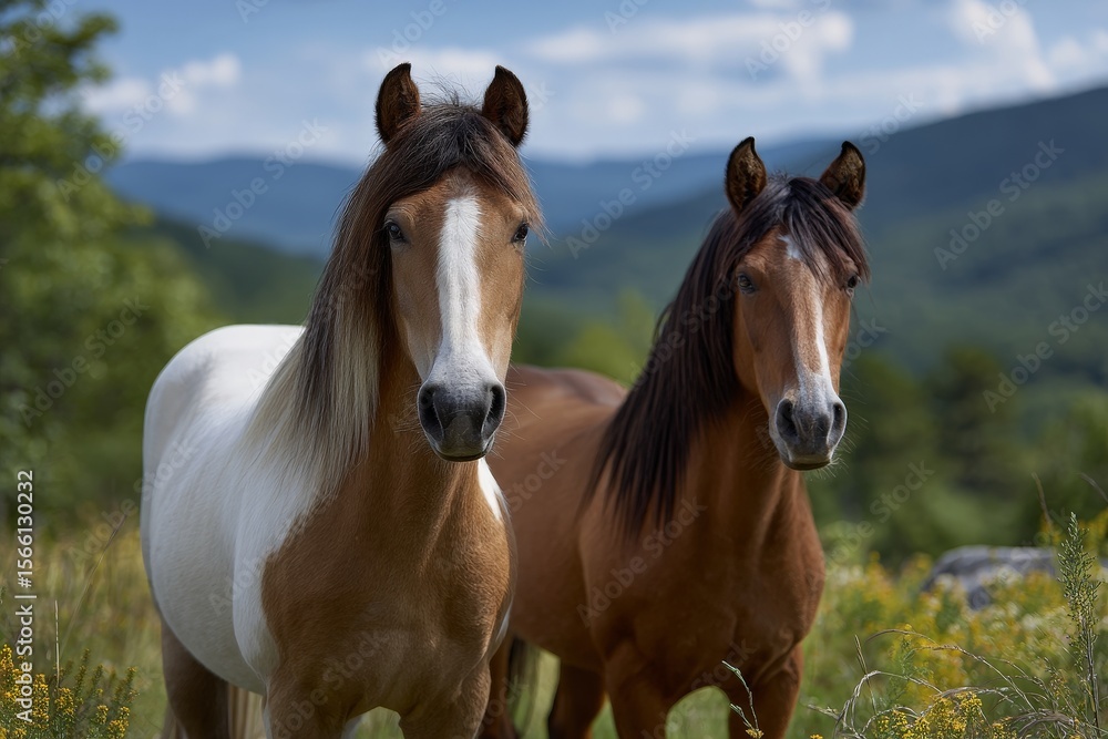 Fototapeta premium Playful Ponies Grazing in Colorful Wildflowers Under Blue Skies
