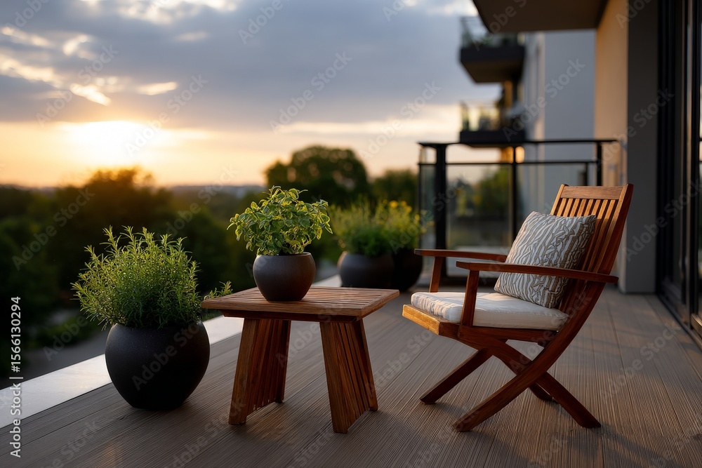 Fototapeta premium Modern Apartment Balcony with Potted Plants and Peaceful Sunset