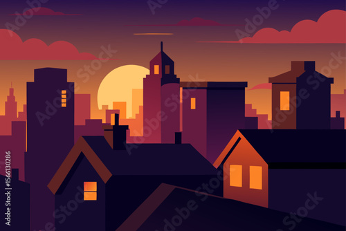 city rooftops glowing in evening sunset