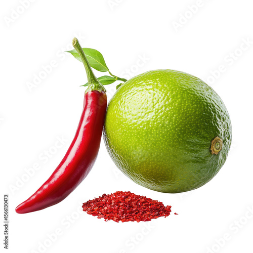 Green lime and red chili pepper with scattered spice granules. Clean white background with crisp studio lighting. Bold heat and freshness concept. Ideal for food branding and recipe promos.