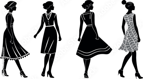A chic vector silhouette set featuring fashionable women posing gracefully with flowing dresses and shopping bags, elegance, and modern retail lifestyle in every design.