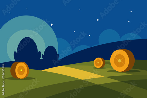 hay bales in countryside at twilight