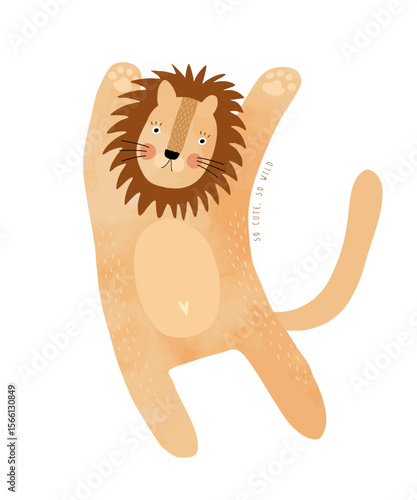 So Cute, So Wild. Funny Lion Relaxing While Lying On Its Back. Hand Drawn Vector Illustration Of Happy Wild Kitty. Safari Animal. King Of The Savannah. Kids' Room Decoration. 