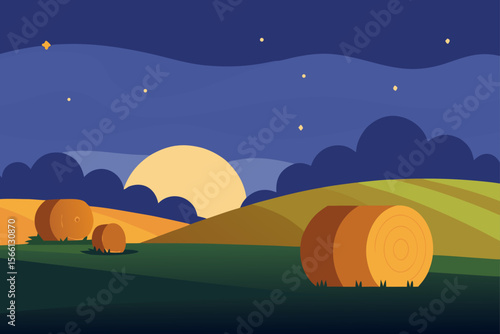 hay bales in countryside at twilight