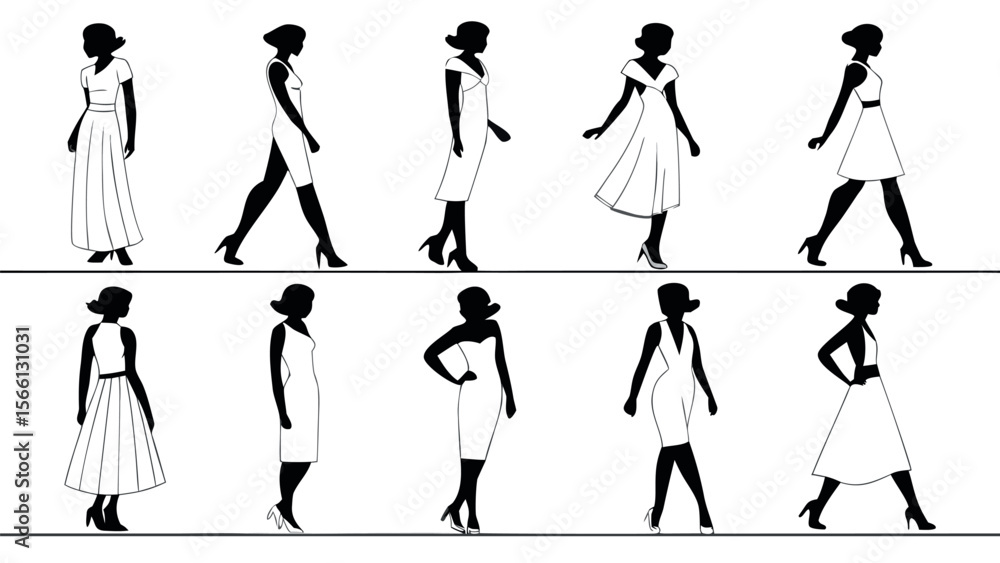 Obraz premium A vibrant collection of fashion silhouettes featuring diverse vector illustrations of women, men, and children engaged in activities like shopping, dancing, showcasing lifestyle and dynamic movement.