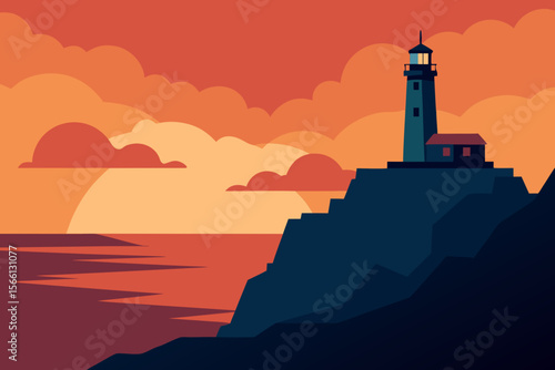 lighthouse on rock cliff seashore at sunset