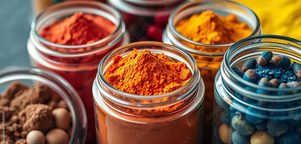 Close-up of vibrant powdered supplements in clear glass jars, showcasing texture and color, supplement, fitness Close-up of vibrant powdered supplements in clear glass jars, showcasing texture and color, supplement, fitness