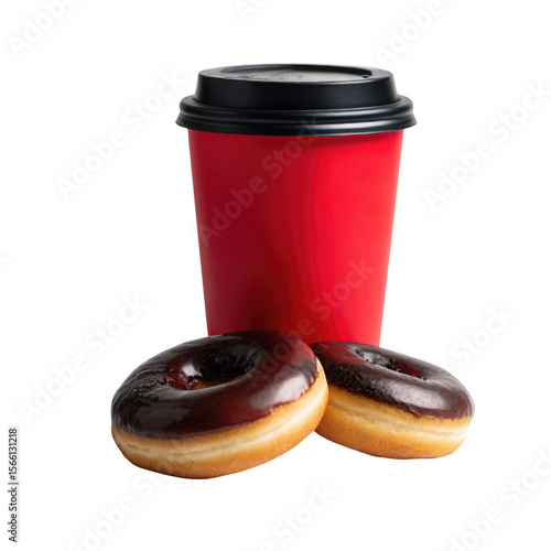 Red coffee cup with two chocolate glazed donuts on a black background