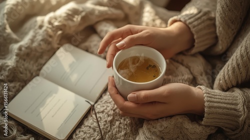 Cozy Hygge Moment: Hands Holding Steaming Tea with Open Book and Knitted Blanket