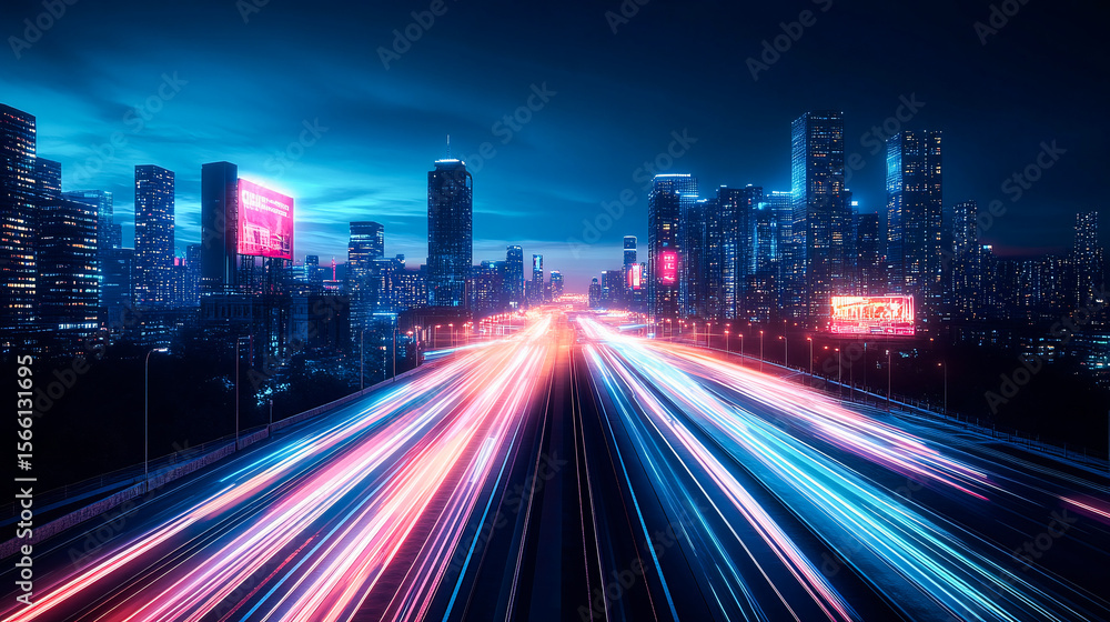 Fototapeta premium Futuristic cyberpunk cityscape with blue and pink light trails, portraying a sci-fi downtown scene at night with skyscrapers, highways, and billboards, depicted in a 3D illustration