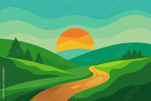 rolling green hills with stream at sunset