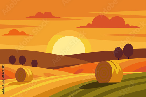 rural landscape with hay bales on field at sunset
