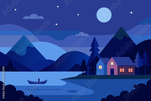 serene night in lakeside village moonlit landscape