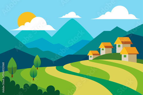 serene valley village with rice fields