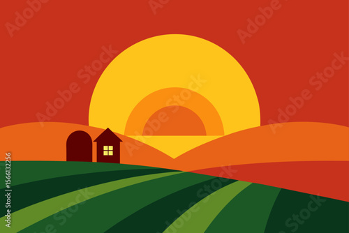 sun dipping below horizon behind farmland