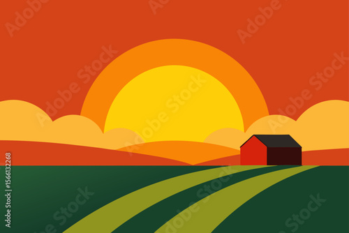 sun dipping below horizon behind farmland