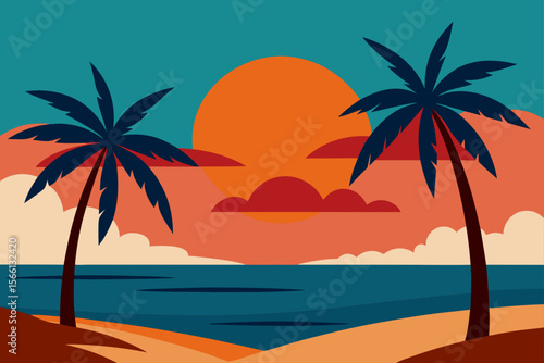 sunset on a quiet tropical beach with palms