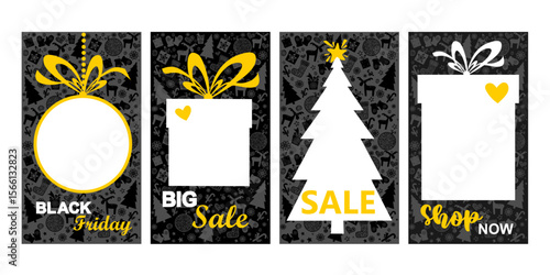 Modern flat Merry Christmas New Year sales, Instagram stories template, web online shopping concept. NewYear gift boxes, new year tree balls, xmas socks sale app screens, ready to use button Shop Now