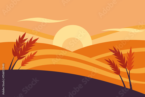 wheat fields waving under sunset light