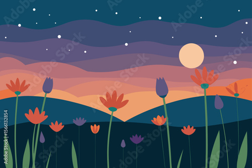 wildflower meadow under evening sky