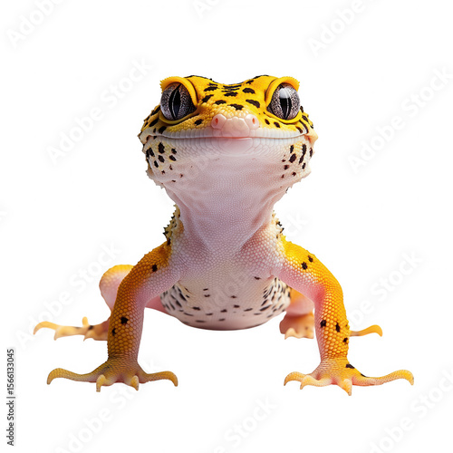 Close up front view of a cute yellow leopard gecko with black spots and large eyes on a transparent background isolated on transparent background